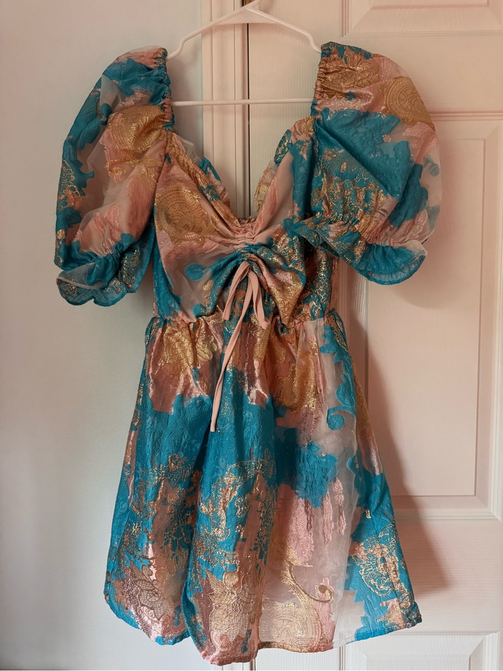 Buddy Love Teal, Blush & Gold Puff-Sleeve Mini Dress